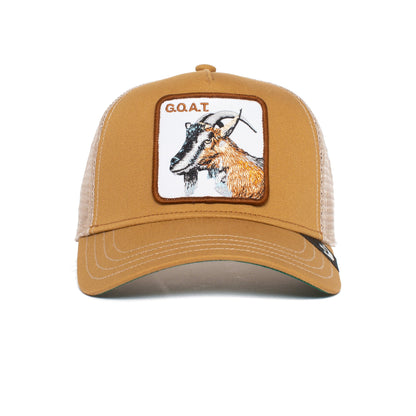 The GOAT khaki mesh trucker cap features a vibrant goat patch with G.O.A.T. on the front; colors may subtly fade over time for a vintage look.