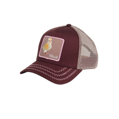 Goorin Bros. chicky boom cotton trucker baseball cap Back label Brown left side view