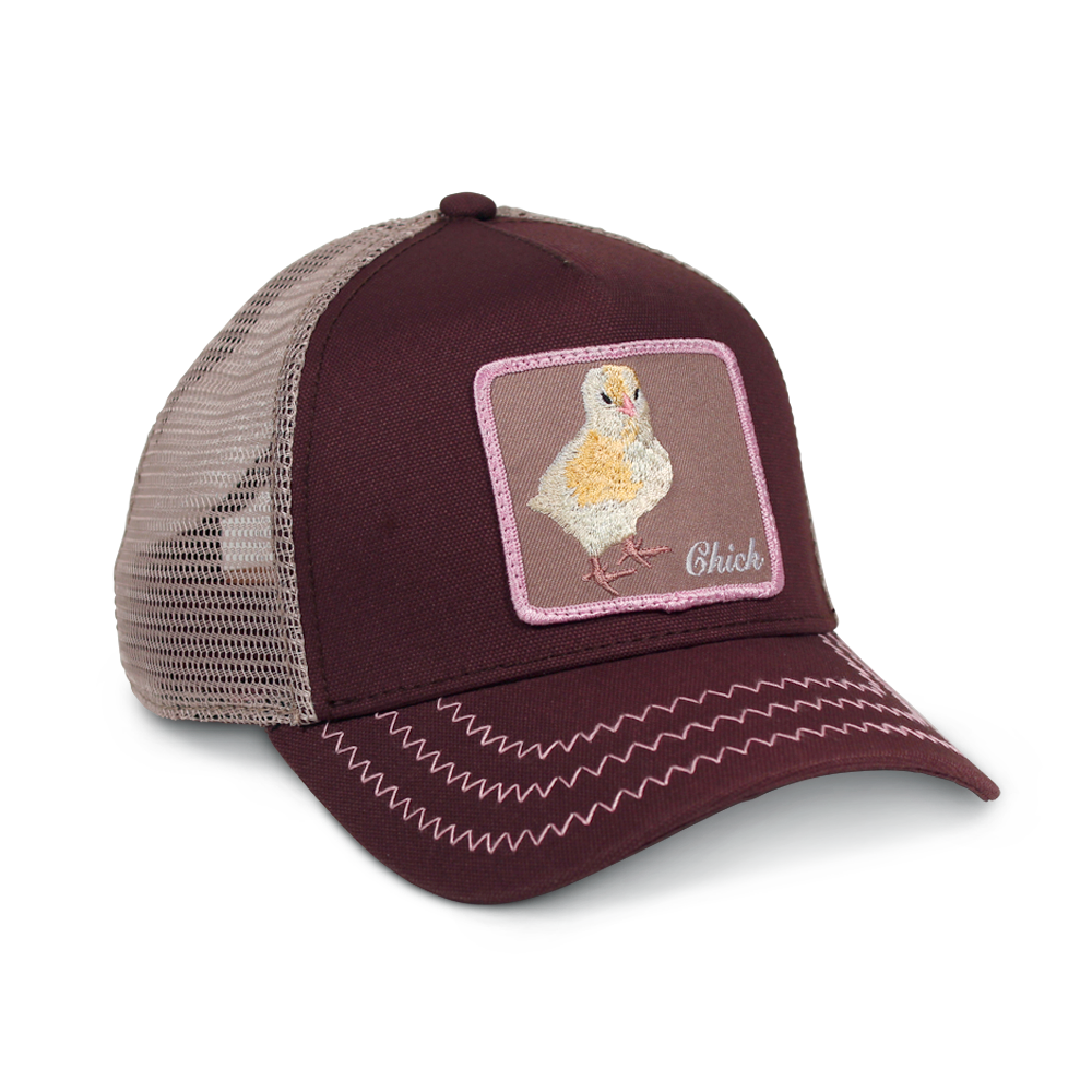 Goorin Bros. chicky boom cotton trucker baseball cap Back label Brown right side view