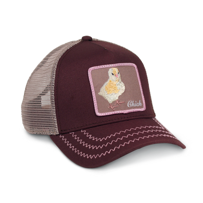Goorin Bros. chicky boom cotton trucker baseball cap Back label Brown right side view