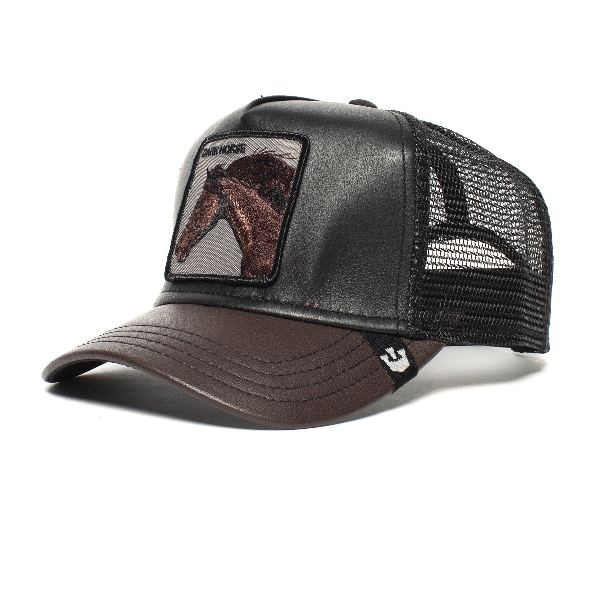 Goorin Bros. your majesty leather 5 panel trucker baseball cap Black left side view