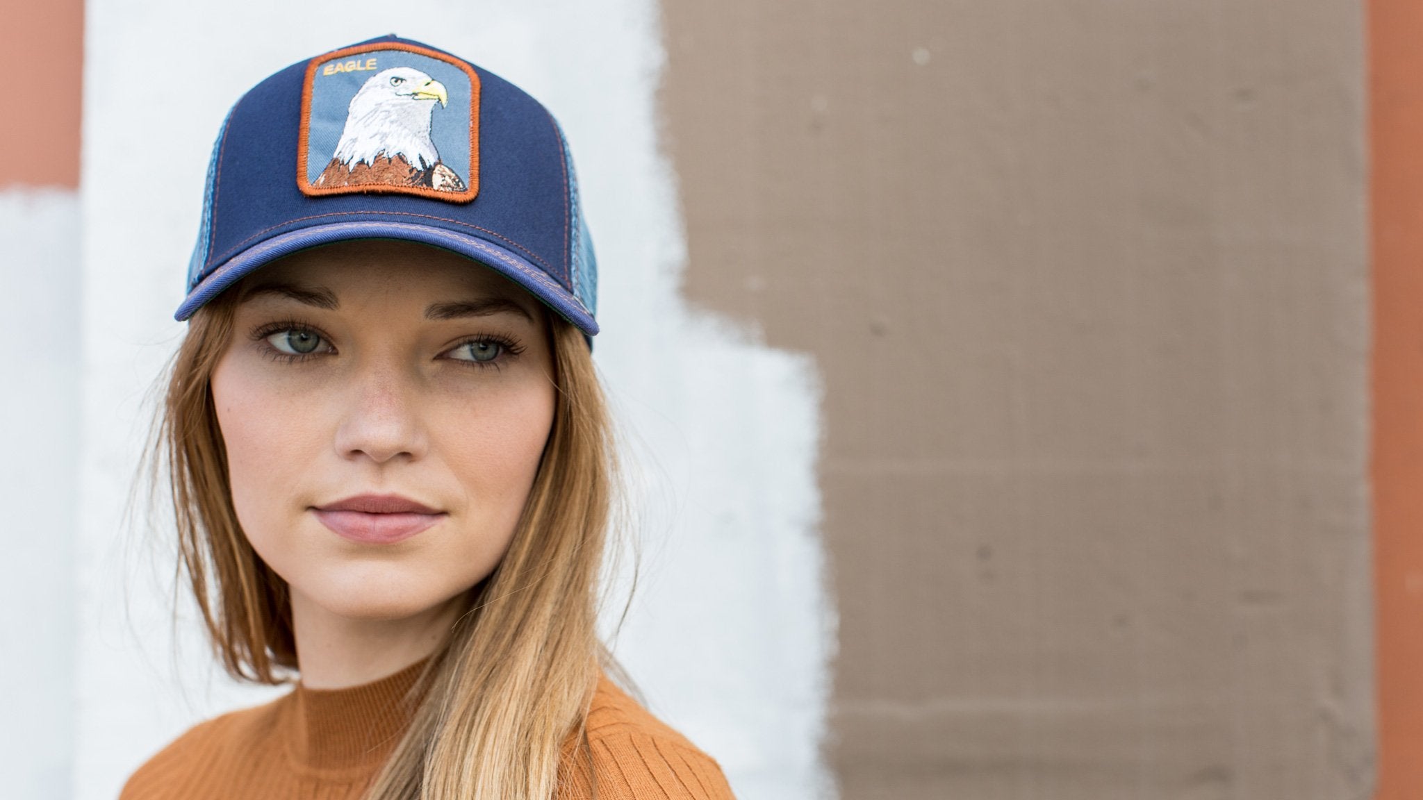 Goorin Bros. flying eagle cotton 5 panel baseball cap Navy  hero shot on female model