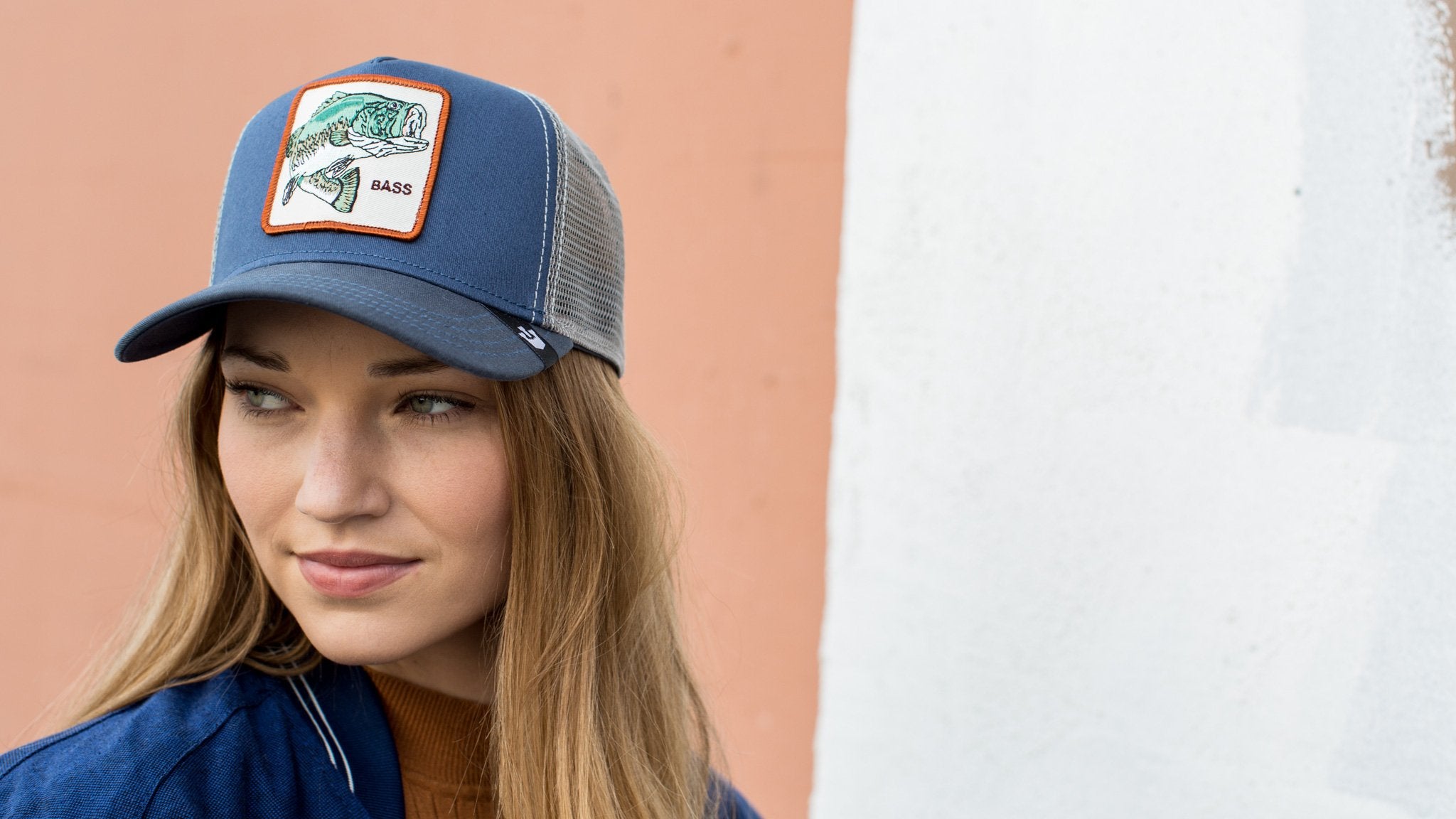 Goorin Bros. big bass cotton 5 panel baseball cap Blue  hero shot on female model