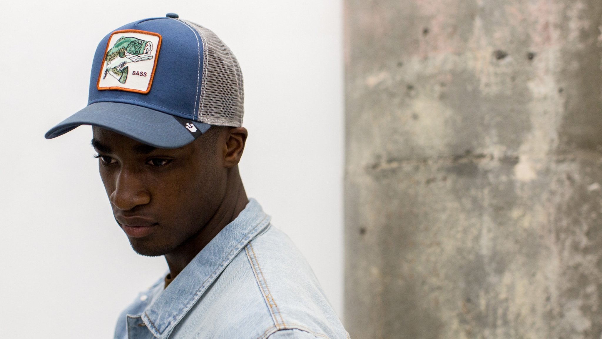 Goorin Bros. big bass cotton 5 panel baseball cap Blue  hero shot on male model