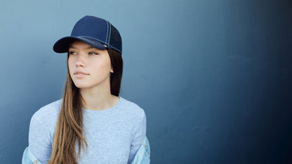 Goorin Bros. blue who cotton 5 panel baseball cap Navy hero shot on female model