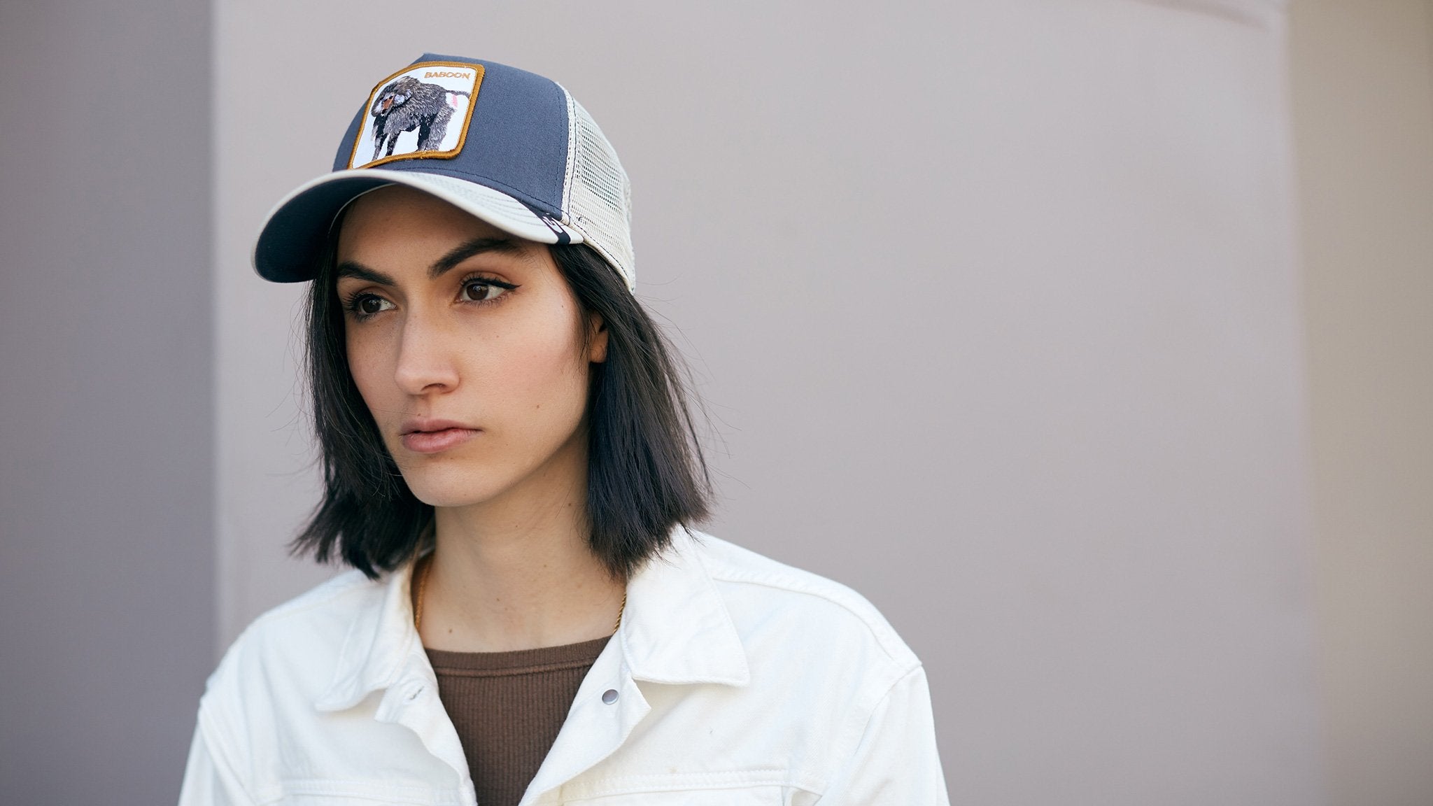 Goorin Bros. butthead cotton 5 panel trucker baseball cap Blue hero shot on female model