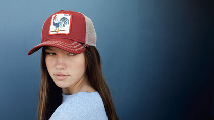 Goorin Bros. rooster cotton trucker baseball cap Red hero shot on female model