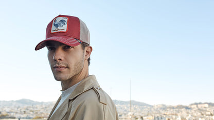 Goorin Bros. rooster cotton trucker baseball cap Red hero shot on male model