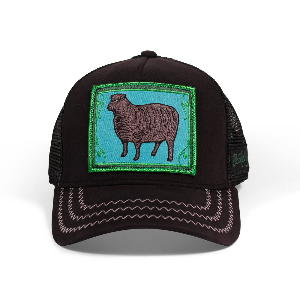 Goorin Bros. black sheep trucker baseball cap Back label Black front view