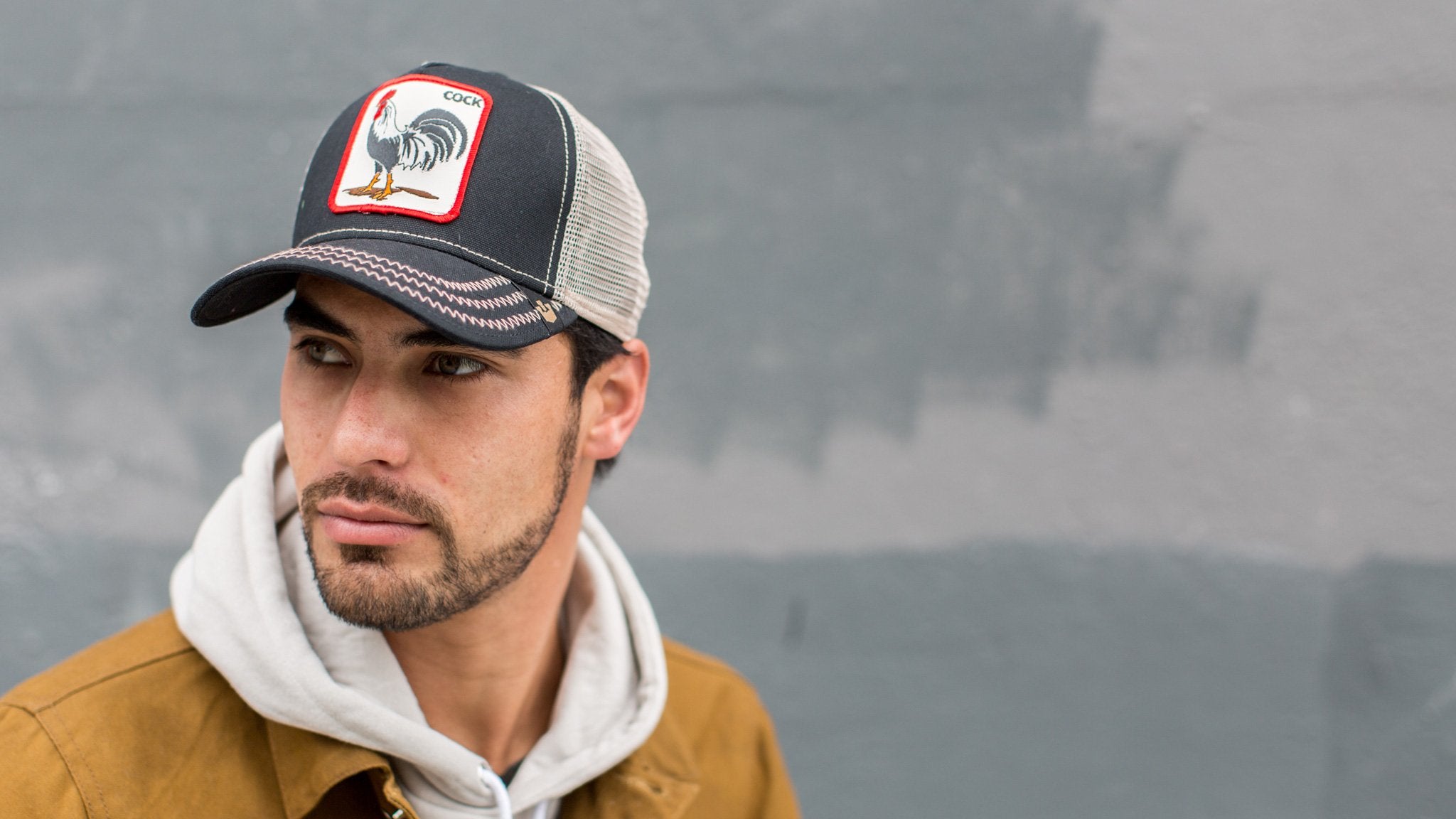 Goorin Bros. red rooster wool blend trucker baseball cap Black  hero shot on male model