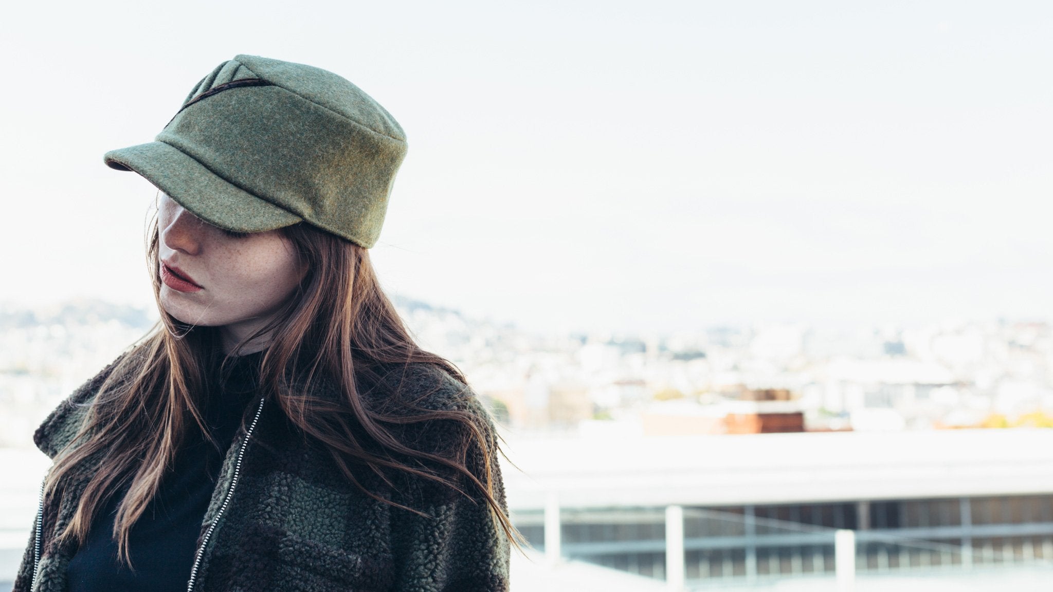 Goorin Bros. revolt wool blend rouched schoolboy hat Olive  hero shot on female model