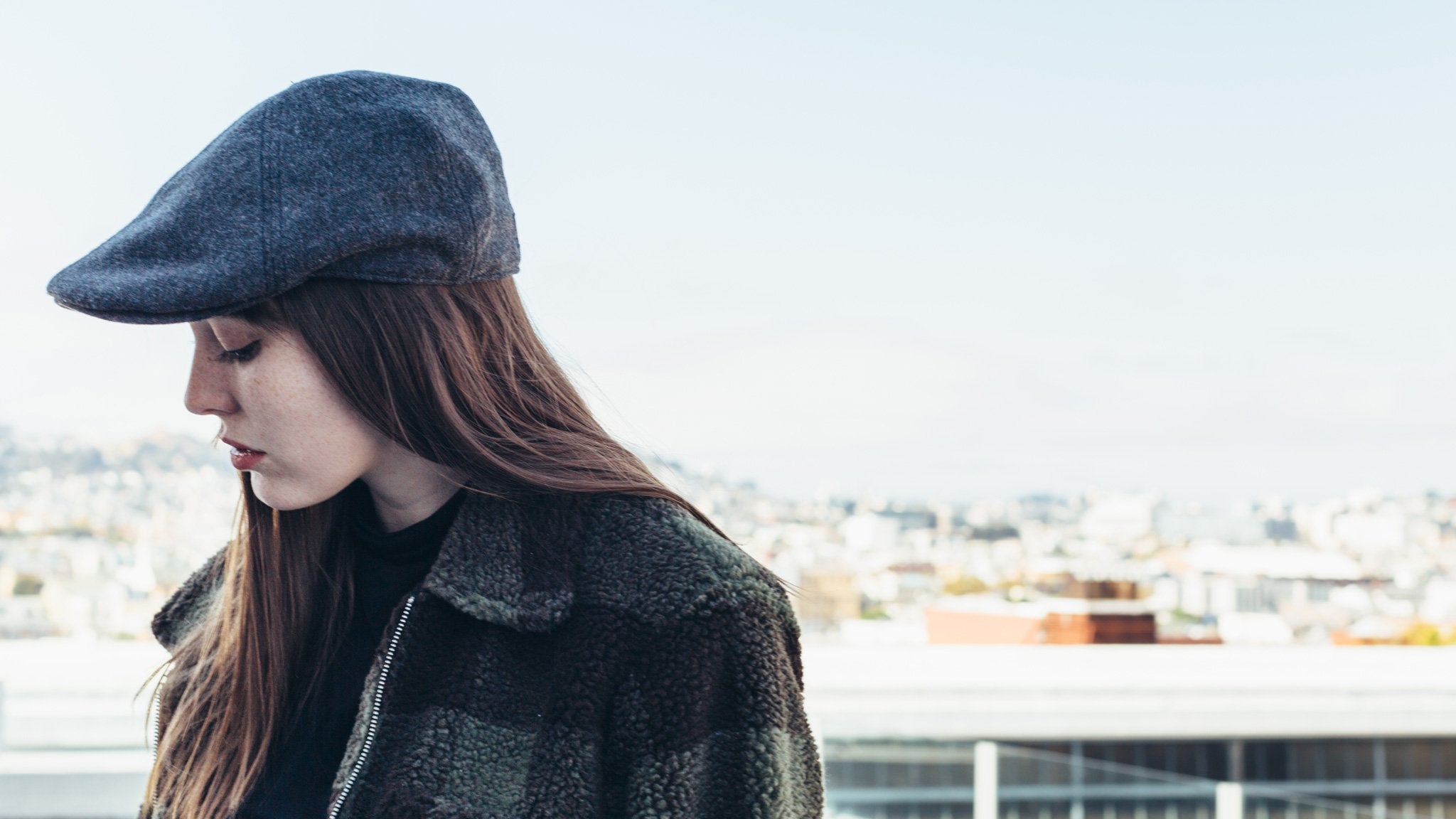 Goorin Bros. andy hamill wool blend 6 panel ivy flatcap Charcoal  hero shot on female model