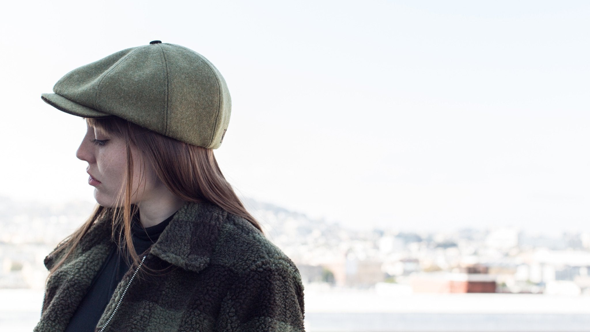 Goorin Bros. love and war wool blend gatsby flatcap Olive  hero shot on female model