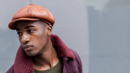 Goorin Bros. shortstack leather ivy flatcap Whiskey  hero shot on male model