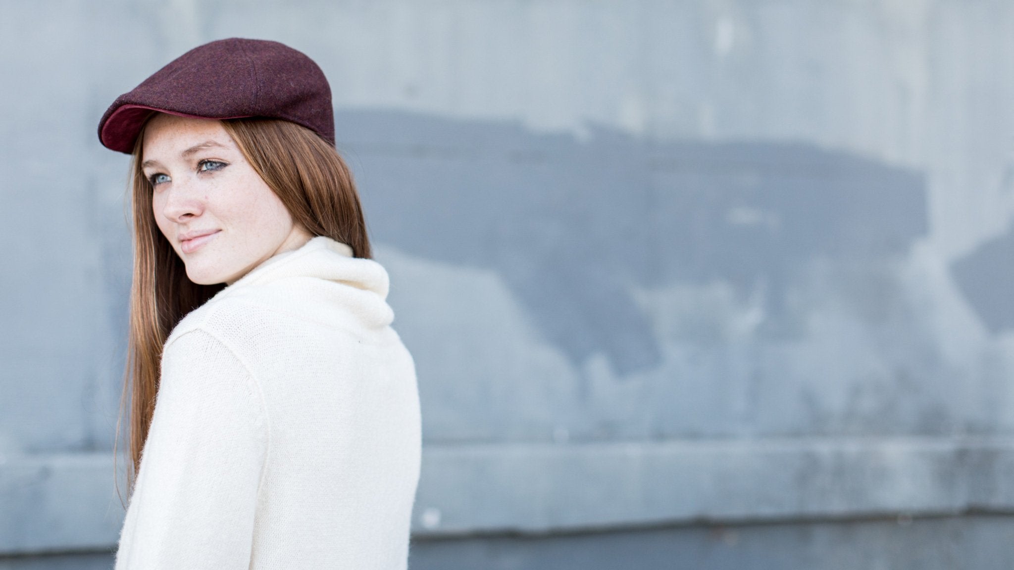 Goorin Bros. wrigley wool blend 6 panel duckbill flatcap Burgundy  hero shot on female model