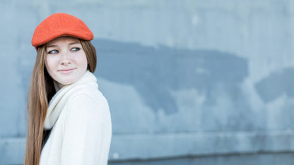 Goorin Bros. wrigley wool blend 6 panel duckbill flatcap Orange  hero shot on female model