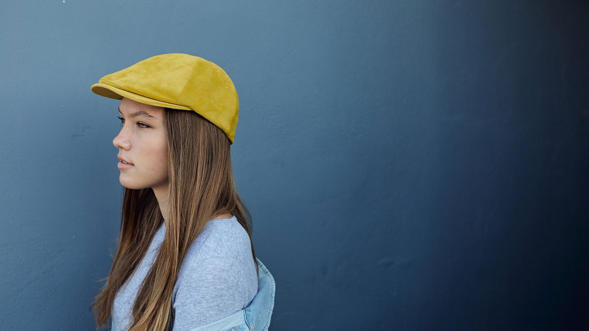 Goorin Bros. slim bill suede 6 panel ivy flatcap Yellow hero shot on female model