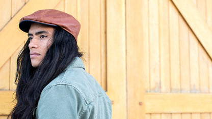 Goorin Bros. chandler fields leather ivy flatcap Whiskey  hero shot on male model