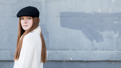 Goorin Bros. milan winters wool blend blocked ivy flatcap Black  hero shot on female model