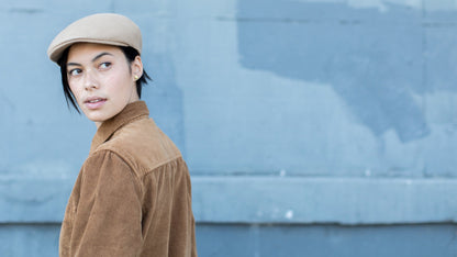 Goorin Bros. milan winters wool blend blocked ivy flatcap Camel  hero shot on female model