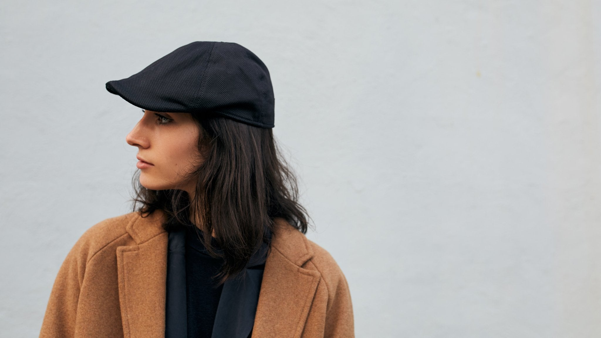Goorin Bros. clean oceans cotton 6 panel ivy flatcap Black hero shot on female model