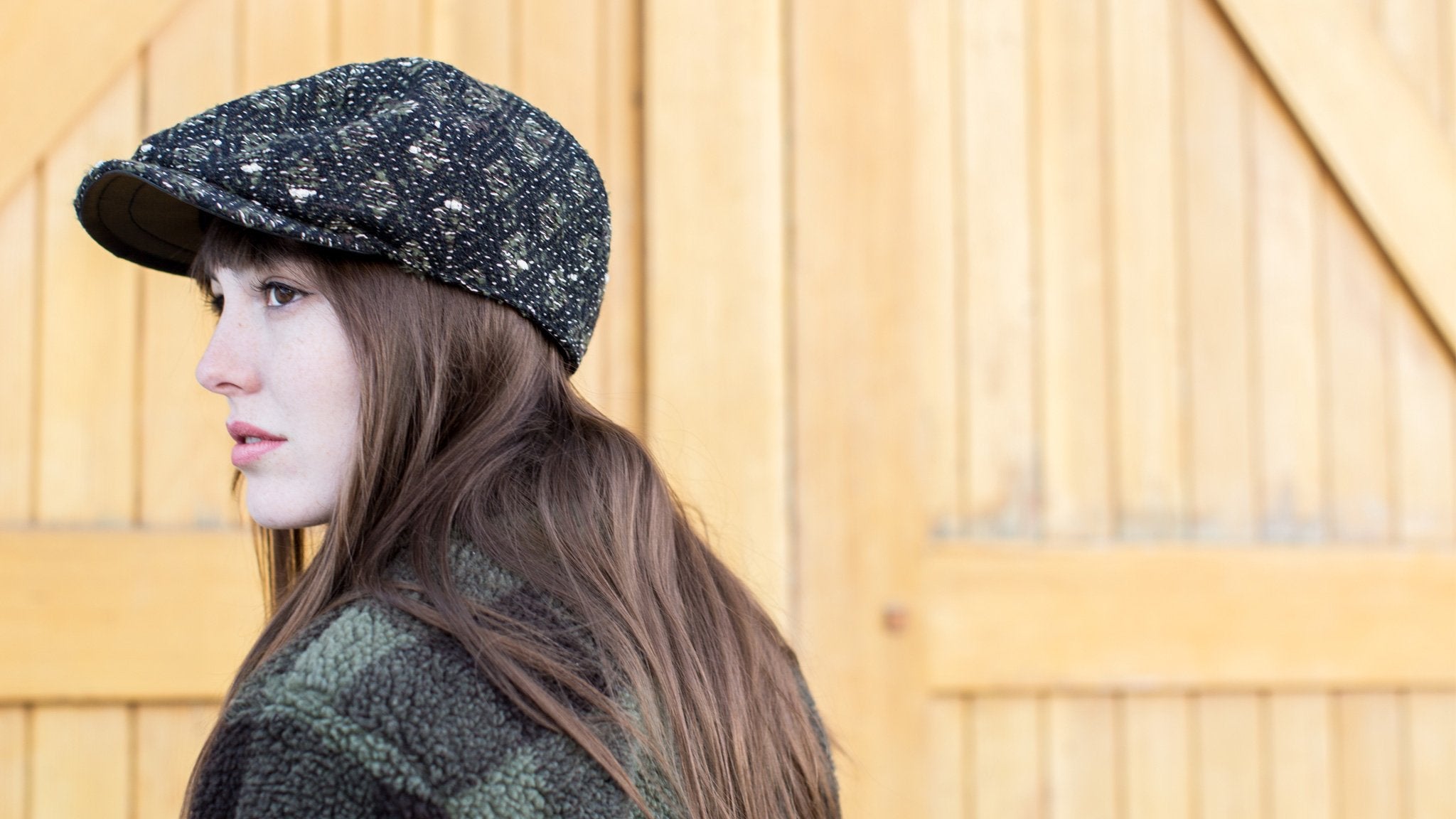 Goorin Bros. black hole polyester newsboy flatcap Olive  hero shot on female model