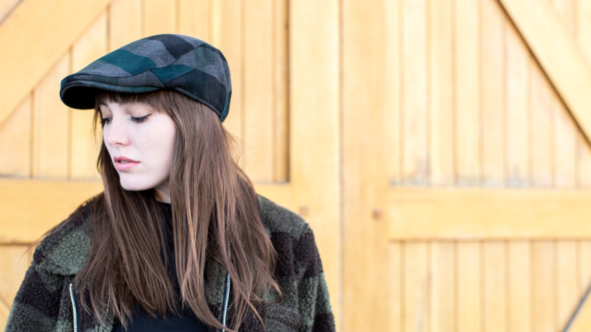 Goorin Bros. built tough polyester low profile ivy flatcap Charcoal  hero shot on female model