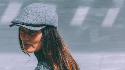 Goorin Bros. ronald amos wool blend 6 panel ivy flatcap Charcoal  hero shot on female model