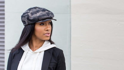 Goorin Bros. man of the world polyester gatsby flatcap Black  hero shot on female model