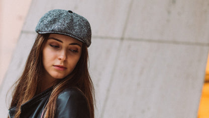Goorin Bros. sammy wool blend gatsby flatcap Charcoal  hero shot on female model