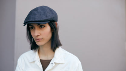 Goorin Bros. benjamin paul linen duckbill ivy flatcap Navy hero shot on female model
