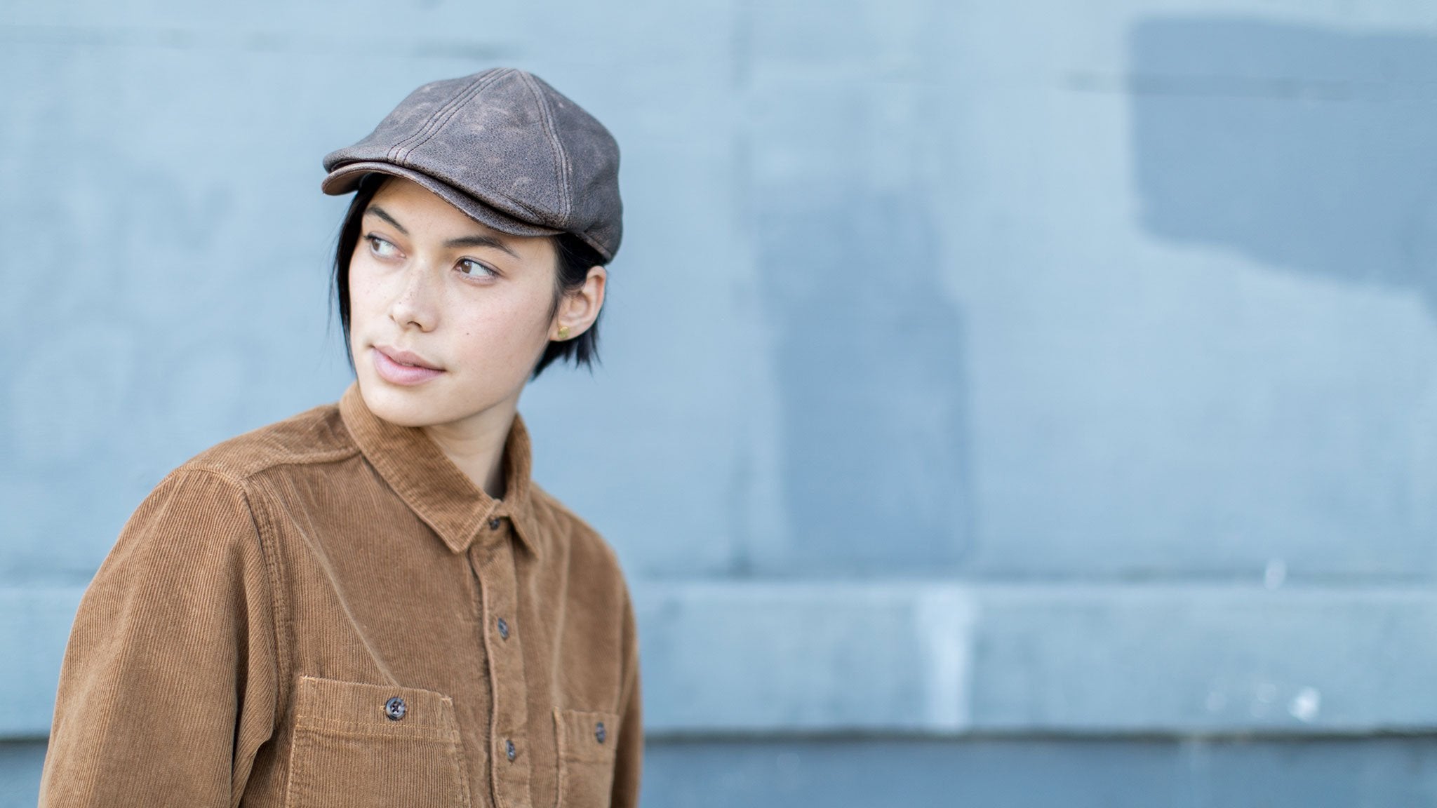 Goorin Bros. fortunato liberati leather gatsby Brown hero shot on female model
