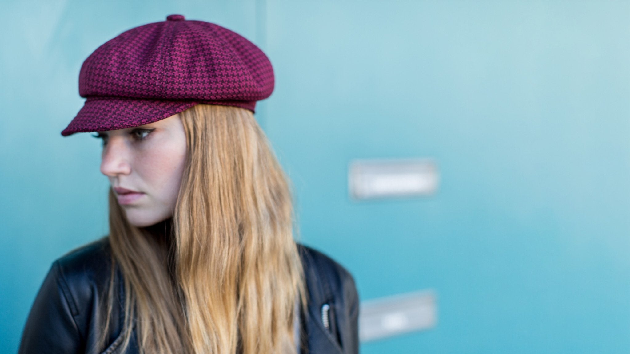Goorin Bros. cold snap wool gatsby Red  hero shot on female model