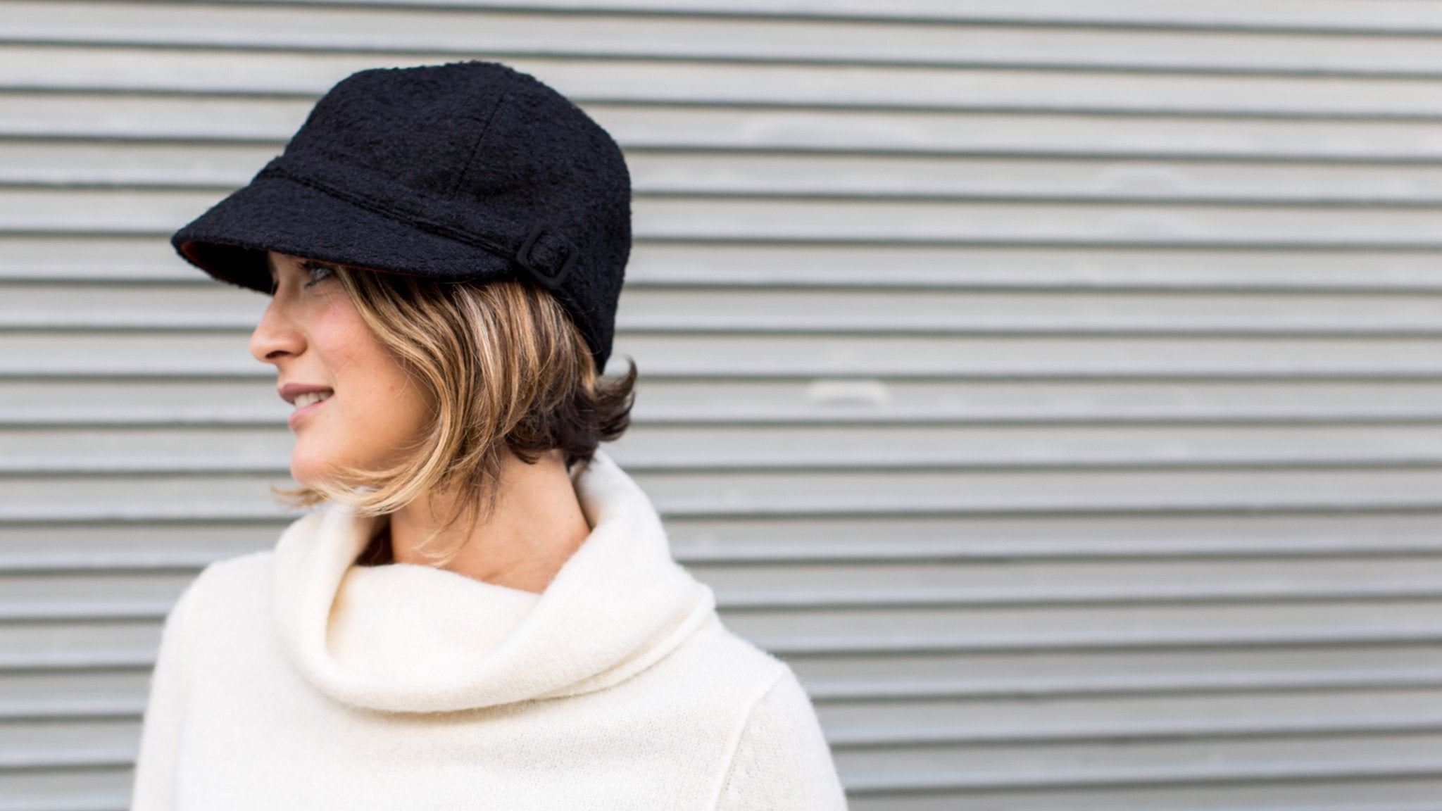 Goorin Bros. november rain wool blend rouched schoolboy hat Black hero shot on female model