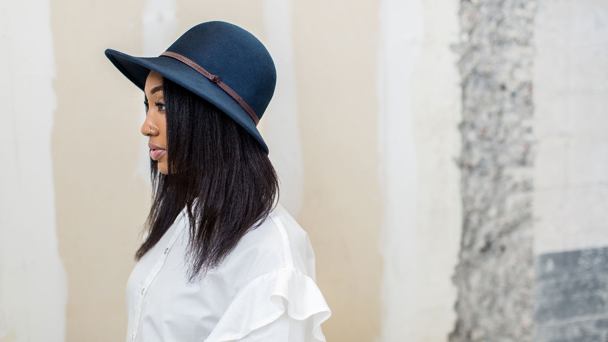 Goorin Bros. frenchie petersen wool blend cloche hat Navy  hero shot on female model