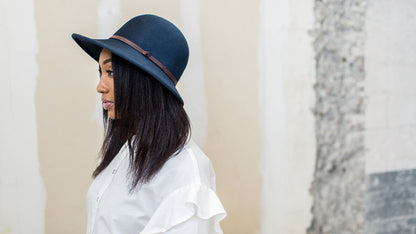 Goorin Bros. frenchie petersen wool blend cloche hat Navy  hero shot on female model