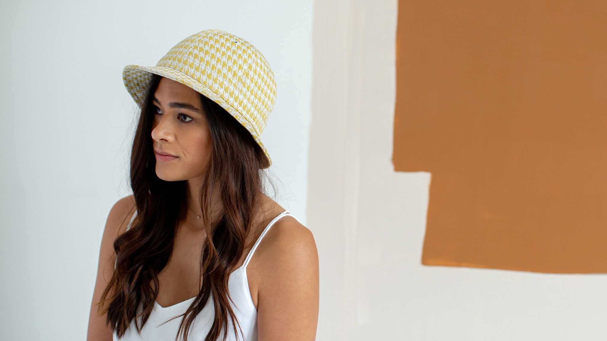Goorin Bros. lemon drop bucket Yellow hero shot on female model