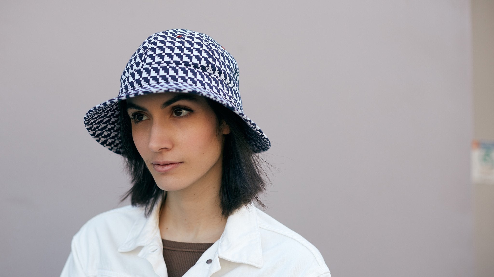 Goorin Bros. hella cotton bucket Navy hero shot on female model