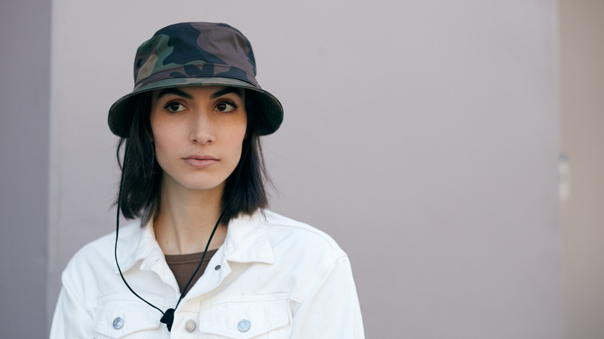 Goorin Bros. camp out cotton bucket Camouflage hero shot on female model