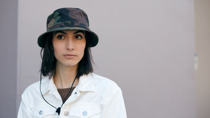 Goorin Bros. camp out cotton bucket Camouflage hero shot on female model