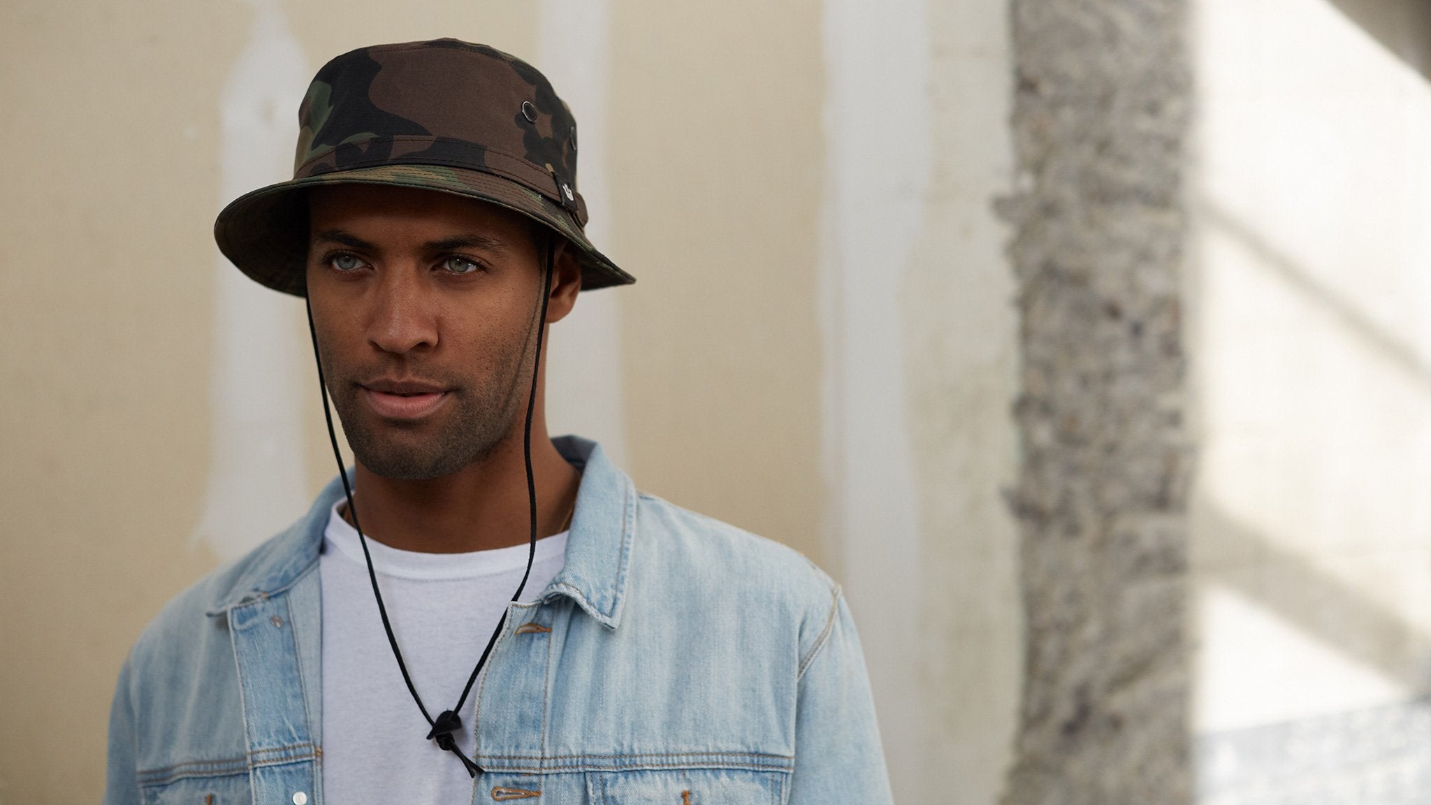 Goorin Bros. camp out cotton bucket Camouflage hero shot on male model