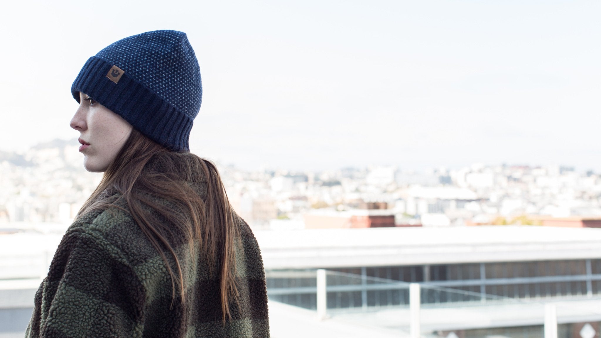 Goorin Bros. new york winter wool beanie Navy  hero shot on female model