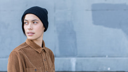 Goorin Bros. dark knight acrylic knit beanie Black  hero shot on female model