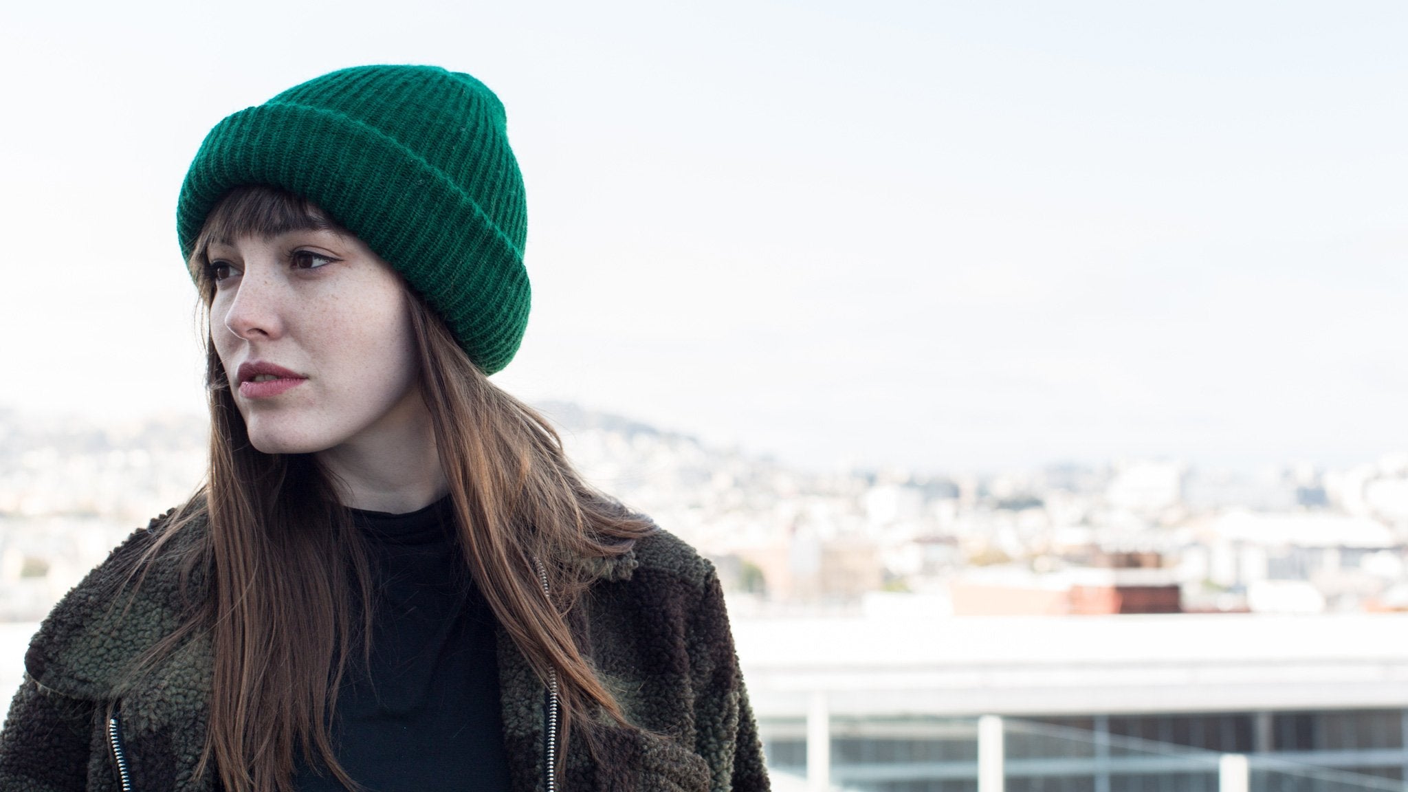 Goorin Bros. jelly roll acrylic beanie Green hero shot on female model