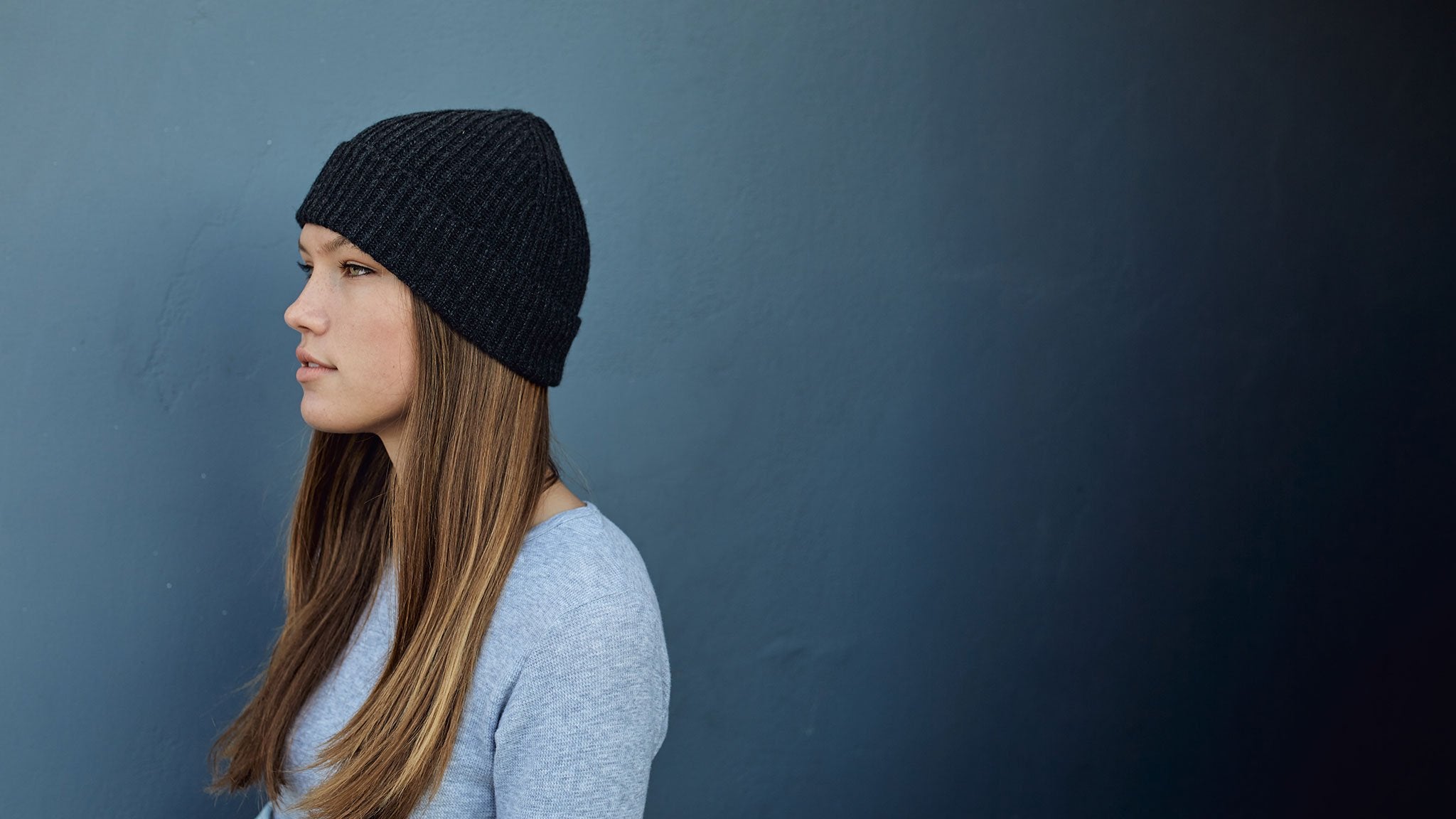 Goorin Bros. thursday cashmere cuffed beanie Charcoal hero shot on female model