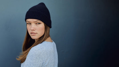Goorin Bros. thursday cashmere cuffed beanie Navy hero shot on female model