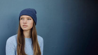 Goorin Bros. flash mob acrylic knit beanie Blue hero shot on female model