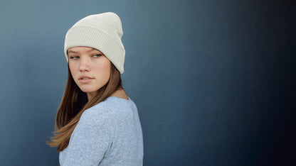 Goorin Bros. flash mob acrylic knit beanie White hero shot on female model