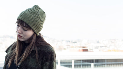 Goorin Bros. dave wool beanie Olive hero shot on female model