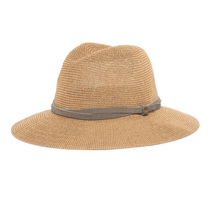 Goorin Bros. fatima center dent wide brim paper poly blend fedora hat Camel left side view